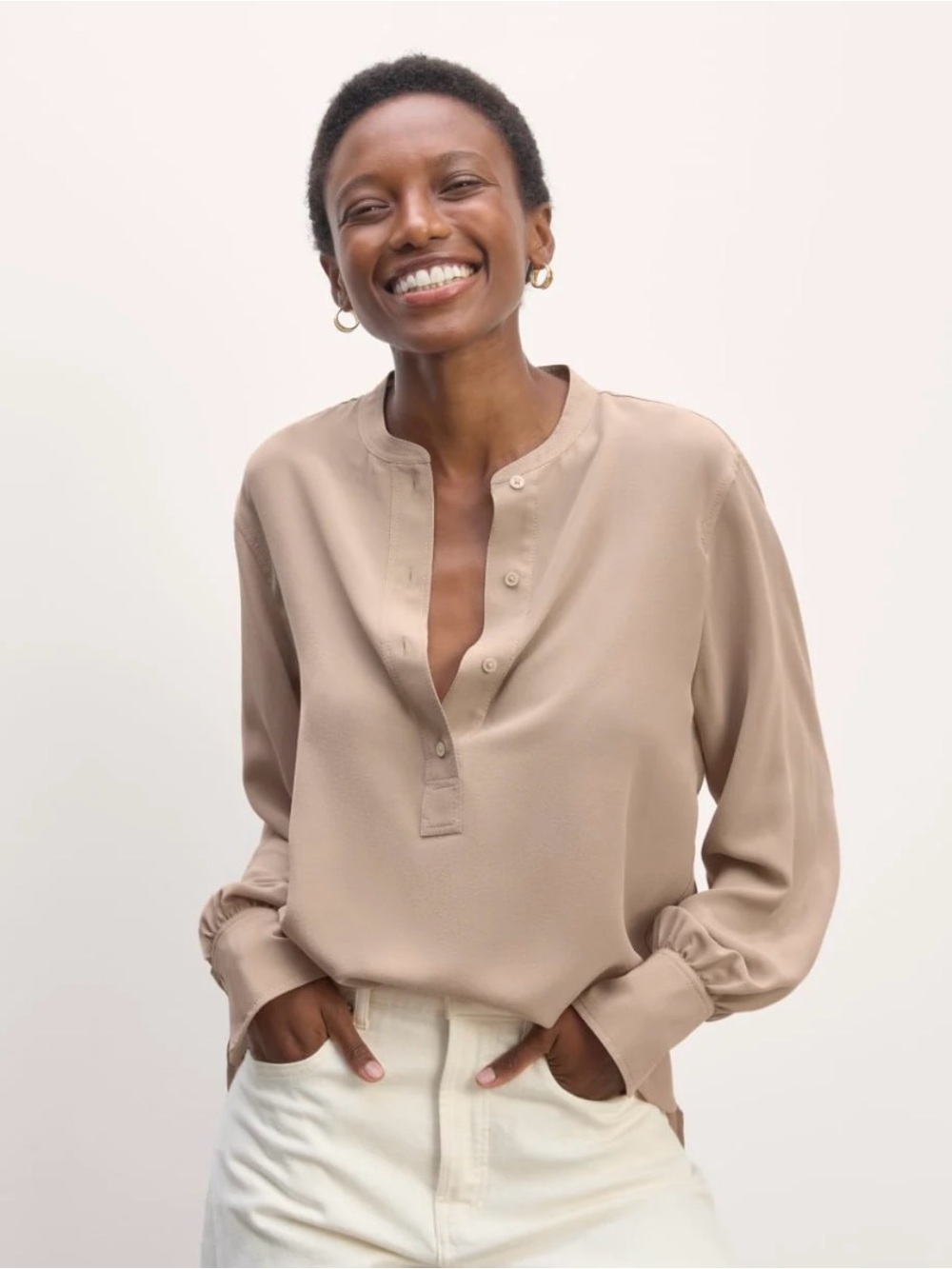 Everlane Stone/Taupe Henley Long-Sleeve Blouse